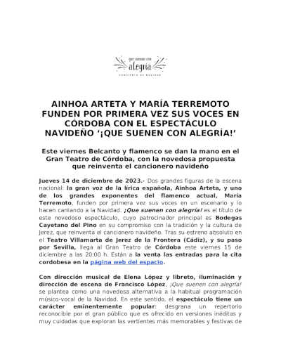 Ainhoa Arteta y María Terremoto funden por primara vez sus voces en «¡Que suenen con alegría!» Ainhoa Arteta y María Terremoto funden por primara vez sus voces en «¡Que suenen con alegría!»