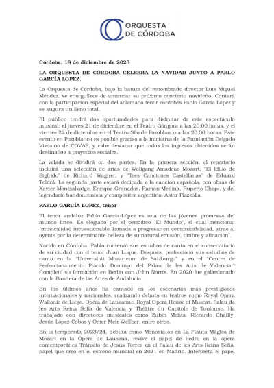 La Orquesta de Córdoba celebra la Navidad junto a Pablo García-López