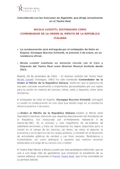 El maestro Nicola Luisotti ha sido distinguido como Comendador de la Orden al Mérito de la República Italiana