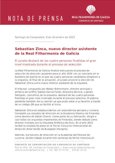 Sebastian Zinca, nuevo director asistente de la Real Filharmonía de Galicia