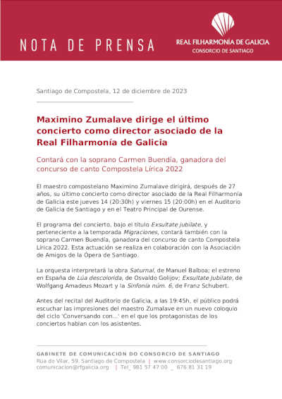 Maximino Zumalave dirige el último concierto como director asociado de la Real Filharmonía de Galicia