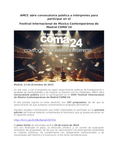 Convocatoria a intérpretes para el XXXVI Festival Internacional de Música Contemporánea de Madrid COMA’24