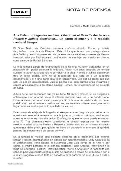 Ana Belén protagoniza en el Gran Teatro la obra Romeo y Julieta despiertan…