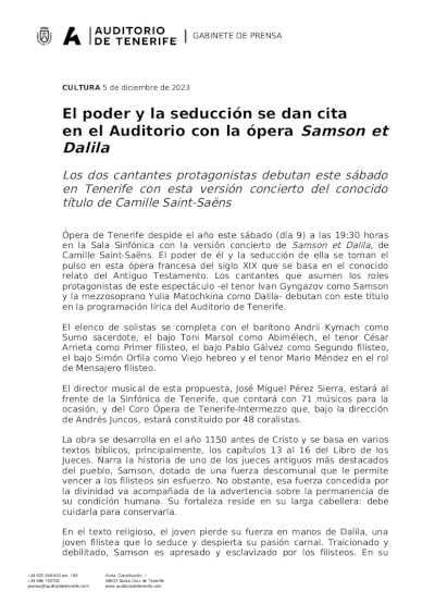 El poder y la seducción se dan cita en el Auditorio con la ópera Samson et Dalila