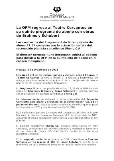 La OFM regresa al Teatro Cervantes en su quinto programa de abono con obras de Brahms y Schubert