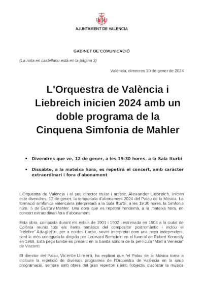 La Orquesta de València y Liebreich inician 2024 con un doble programa de la Quinta Sinfonía de Mahler