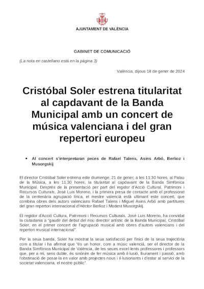 El maestro Cristóbal Soler estrena titularidad al frente de la Banda Municipal