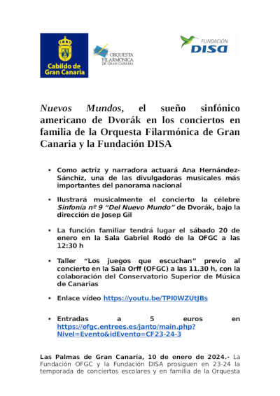 Nuevos Mundos, el sueño sinfónico americano de Dvorák en los conciertos en familia de la OFGC y Fundación DISA Nuevos Mundos, el sueño sinfónico americano de Dvorák en los conciertos en familia de la OFGC y Fundación DISA