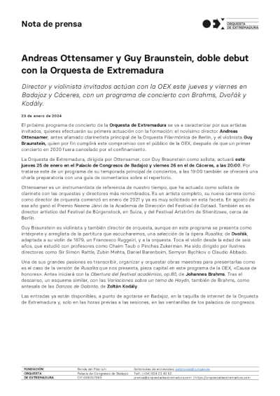 Andreas Ottensamer y Guy Braunstein, doble debut con la Orquesta de Extremadura Andreas Ottensamer y Guy Braunstein, doble debut con la Orquesta de Extremadura