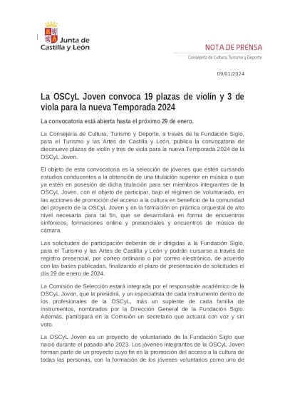 La OSCyL Joven convoca 19 plazas de violín y 3 de viola para la nueva Temporada 2024