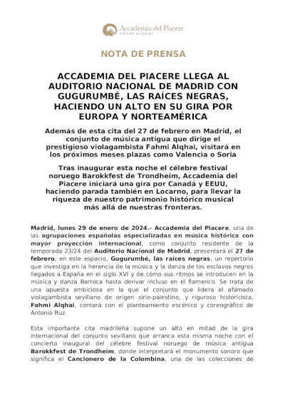 Accademia del Piacere llega al Auditorio Nacional de Madrid con «Gugurumbé, Las raíces negras»