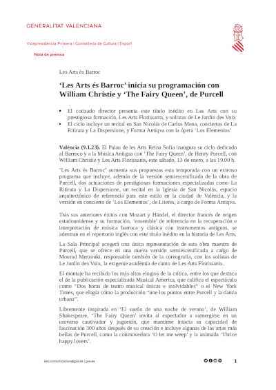 «Les Arts és Barroc» inicia su programación con William Christie y «The Fairy Queen», de Purcell