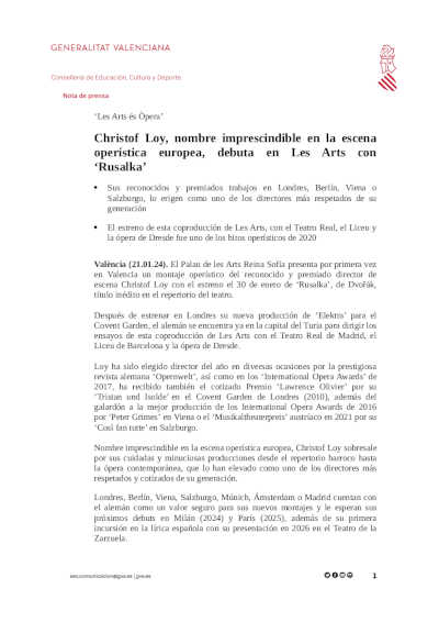 Christof Loy, nombre imprescindible en la escena operística europea, debuta en Les Arts con «Rusalka» Christof Loy, nombre imprescindible en la escena operística europea, debuta en Les Arts con «Rusalka»