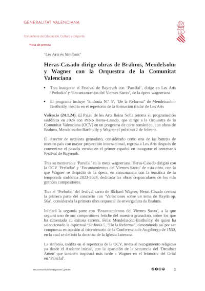 Heras-Casado dirige obras de Brahms, Mendelsohn y Wagner con la Orquestra de la Comunitat Valenciana