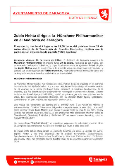 Zubin Mehta dirige a la  Münchner Philharmoniker en la Temporada de Grandes Conciertos del Auditorio de Zaragoza