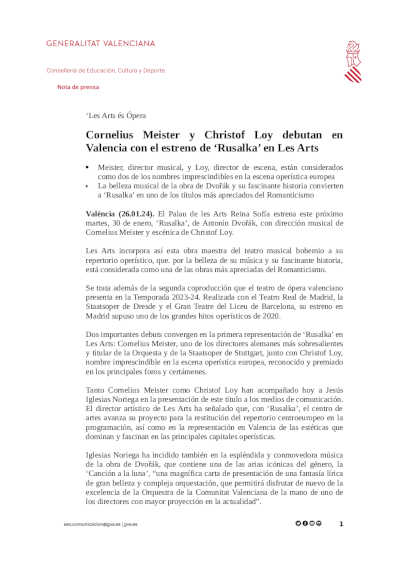 Cornelius Meister y Christof Loy debutan en Valencia con el estreno de «Rusalka» en Les Arts