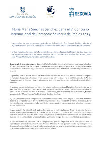 Nuria María Sánchez Sánchez gana el VI Concurso Internacional de Composición María de Pablos 2024 Nuria María Sánchez Sánchez gana el VI Concurso Internacional de Composición María de Pablos 2024