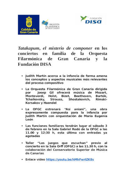 «Tatakapum, el misterio de componer» en los conciertos en familia de la OFGC y la Fundación DISA «Tatakapum, el misterio de componer» en los conciertos en familia de la OFGC y la Fundación DISA