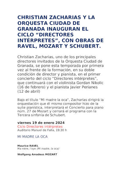 Christian Zacharias y la Orquesta Ciudad de Granada inauguran el ciclo «Directores intérpretes»
