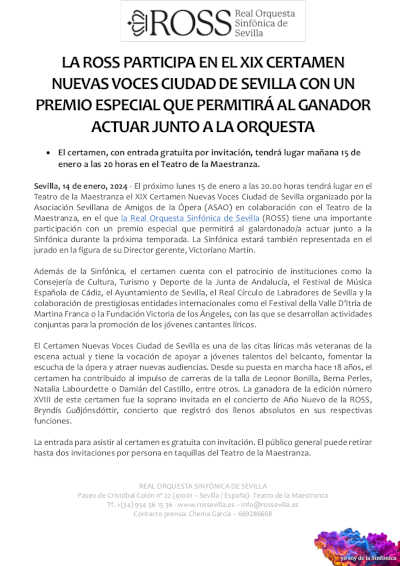 La ROSS participa en el «XIX Certamen Nuevas Voces Ciudad de Sevilla» con un premio especial