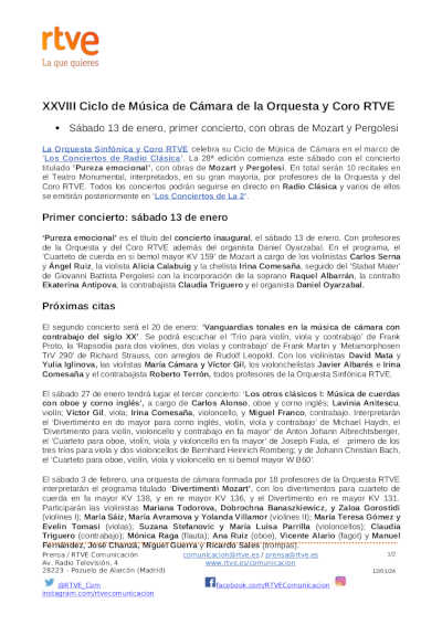 Comienza el XXVIII Ciclo de Música de Cámara de la Orquesta y Coro RTVE en Los conciertos de Radio Clásica