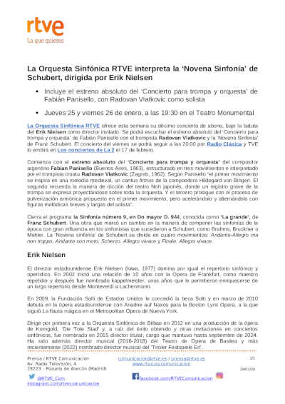Erik Nielsen dirige esta semana la Orquesta Sinfónica RTVE con la Sinfonía número 9 de Schubert Erik Nielsen dirige esta semana la Orquesta Sinfónica RTVE con la Sinfonía número 9 de Schubert