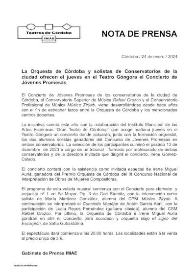 La Orquesta de Córdoba y solistas de Conservatorios de la ciudad ofrecen el Concierto de Jóvenes Promesas