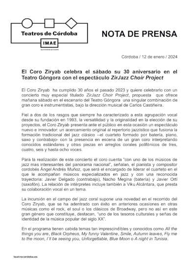 El Coro Ziryab celebra el sábado su 30 aniversario en el Teatro Góngora con el espectáculo ZirJazz Choir Project El Coro Ziryab celebra el sábado su 30 aniversario en el Teatro Góngora con el espectáculo ZirJazz Choir Project