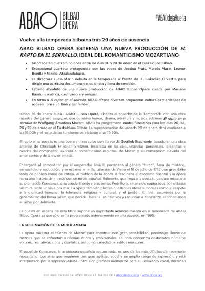 ABAO Bilbao Opera estrena su nueva producción en «El rapto en el serrallo», ideal del romanticismo mozartiano