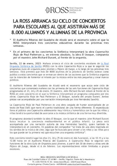 La ROSS arranca su Ciclo de Conciertos para Escolares, al que asistirán más de 8.000 alumnos
