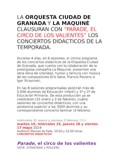La Orquesta Ciudad de Granada y la Mauqiné presentan «Parade, el circo de los valientes» La Orquesta Ciudad de Granada y la Mauqiné presentan «Parade, el circo de los valientes»