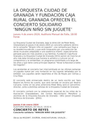 La Orquesta Ciudad de Granada y Fundación Caja Rural Granada ofrecen concierto solidario