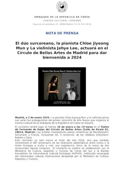 El dúo surcoreano, la pianista Chloe Jiyeong Mun y la violinista Jehye Lee, actuará en el Círculo de Bellas Artes de Madrid