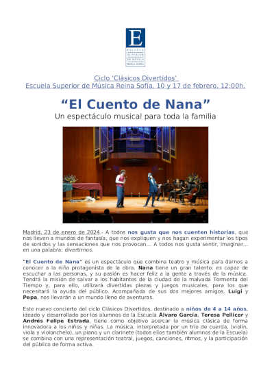 El Ciclo «Clásicos Divertidos» de la Escuela Superior de Música Reina Sofía presenta «El Cuento de Nana»