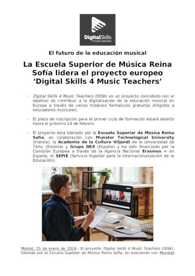 La Escuela Superior de Música Reina Sofía lidera el proyecto europeo ‘Digital Skills 4 Music Teachers’