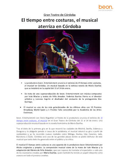 El tiempo entre costuras, el musical aterriza en el Gran Teatro de Córdoba