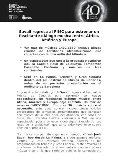 Savall regresa al FIMC para estrenar un fascinante diálogo musical entre África, América y Europa