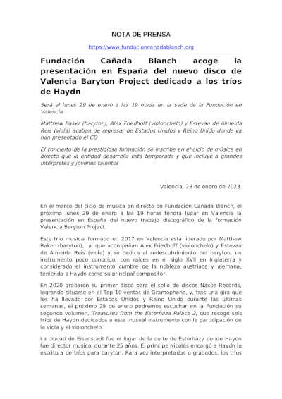 Fundación Cañada Blanch acoge la presentación en España del nuevo disco de Valencia Baryton Project