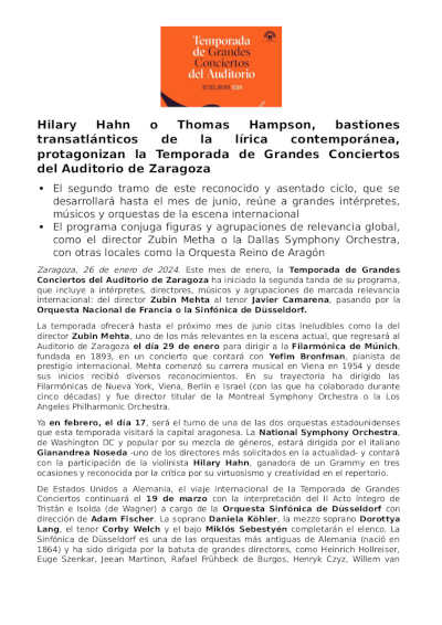 Hilary Hahn o Thomas Hampson, protagonizan la Temporada de Grandes Conciertos del Auditorio de Zaragoza