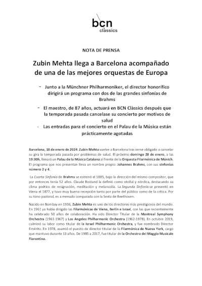 Zubin Mehta llega a Barcelona acompañado de una de las mejores orquestas de Europa