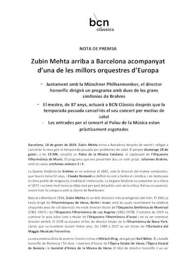 Zubin Mehta llega a Barcelona acompañado de una de las mejores orquestas de Europa