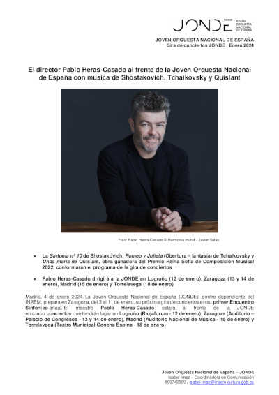 El director Pablo Heras-Casado al frente de la Joven Orquesta Nacional de España en su gira de enero El director Pablo Heras-Casado al frente de la Joven Orquesta Nacional de España en su gira de enero