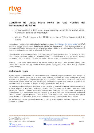 Concierto de Liuba María Hevia en el ciclo «Las Noches del Monumental» de RTVE