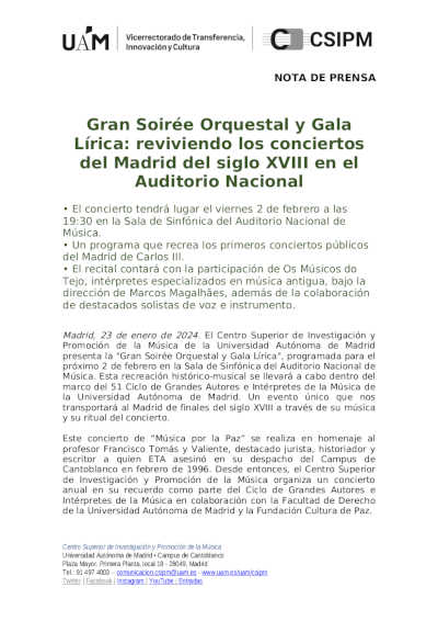 Gran Soirée Orquestal y Gala Lírica: reviviendo los conciertos del Madrid del siglo XVIII en el Auditorio Nacional