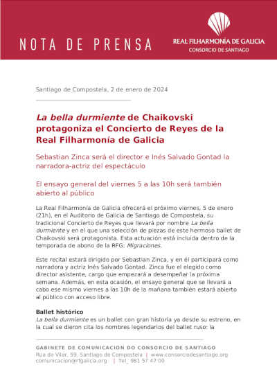 La bella durmiente de Chaikovski protagoniza el Concierto de Reyes de la Real Filharmonía de Galicia