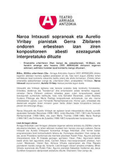Naroa Intxausti y Aurelio Viribay interpretan canciones poco conocidas de compositores exiliados tras la Guerra Civil