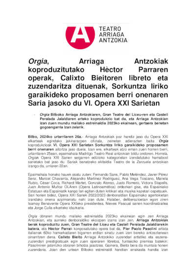 Orgia, la ópera de Hèctor Parra y dirección de Calixto Bieito obtiene un galardón en los VI Premios Ópera XXI