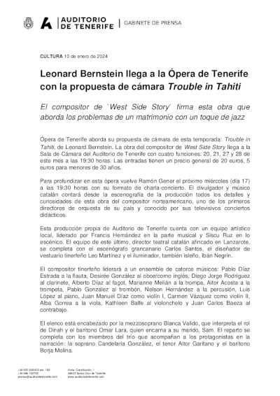 Leonard Bernstein llega a la Ópera de Tenerife  con la propuesta de cámara Trouble in Tahiti