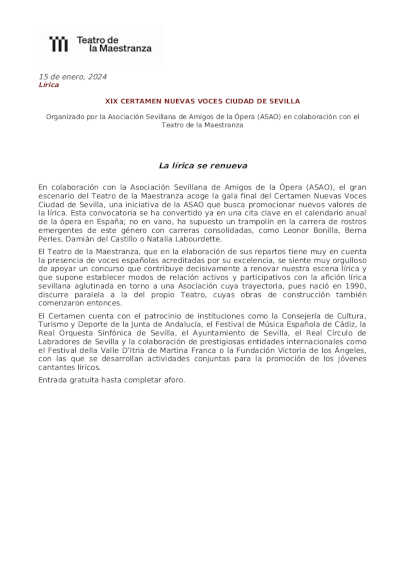 XIX Certamen Nuevas Voces Ciudad de Sevilla en el Teatro de la Maestranza