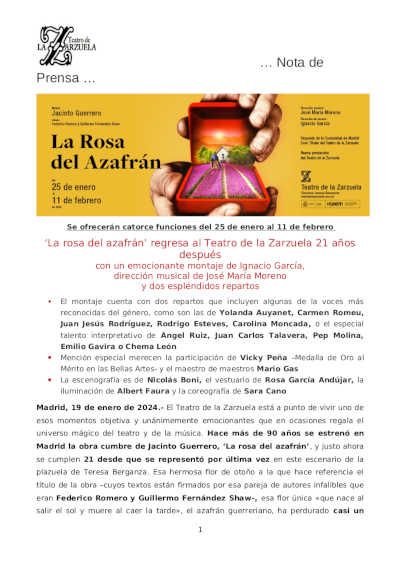 «La rosa del azafrán» regresa al Teatro de la Zarzuela 21 años después con dos espléndidos repartos